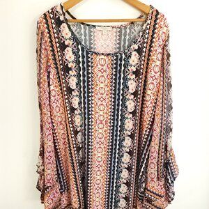 Haani Shift Dress Women's 3X Multicolor Floral Geometric Boho Print Bell Sleeve